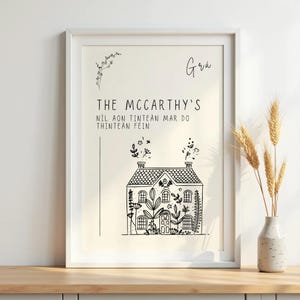 May include: A framed black and white print with a detailed line drawing of a house with floral accents. The text reads "The McCarthy's" and includes additional text in a script font. A vase with wheat stalks sits on a wooden surface.