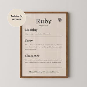 Puede incluir: Impresión enmarcada con el nombre "Ruby" en fuente serif. La impresión incluye el origen, significado, historia y carácter del nombre. El marco es de color marrón cálido y el fondo es beige claro.