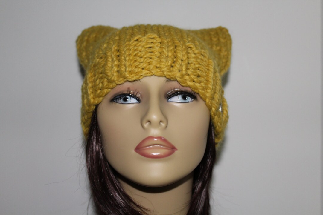Knit Hat, Knit Cat Hat, Mustard Yellow Cat Hat, Knit Yellow Beanie