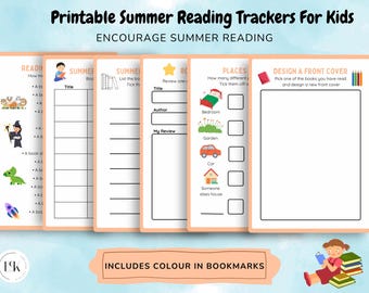 May include: Printable summer reading trackers for kids. The image shows several pages with prompts for tracking books read, including title, author, and review sections. There are also sections to design a front cover and track places where books were read.