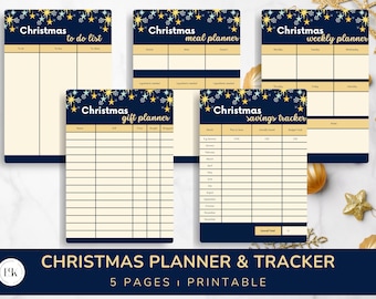 Puede incluir: Un conjunto de cinco planificadores y rastreadores de Navidad imprimibles. Cada planificador tiene un encabezado azul marino con estrellas doradas y la palabra "Christmas". Los planificadores incluyen una lista de tareas, un planificador de comidas, un planificador semanal, un planificador de regalos y un rastreador de ahorros.