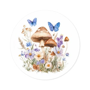 Whimsical Mushroom & Butterfly Round Stickers, Floral Decor, Nature Vibes, Boho Aesthetic, Laptop Decals, Gifts for Nature Lovers