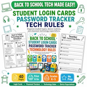 May include: A printable classroom technology organization pack featuring student login cards, a password tracker, and tech rules. The set includes 40 pages with checklists, teacher notes, and icons for laptops, headphones, and backpacks for grades K-5.