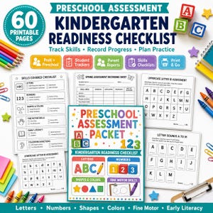 Preschool Assessment Kindergarten Readiness Checklist, PreK Skills Evaluation, Student Progress Tracker, Printable PDF