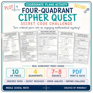 May include: A coordinate plane activity titled Four-Quadrant Cipher Quest Secret Code Challenge. The image displays five printed worksheet pages featuring math problems, ordered pairs, and secret messages for middle school students.