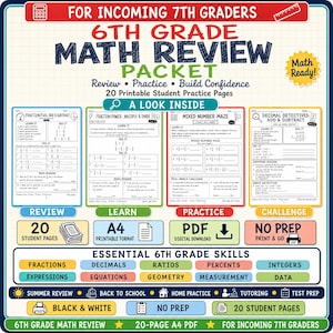 May include: A 6th Grade Math Review Packet for incoming 7th graders featuring 20 printable student practice pages in A4 PDF format. The document includes sections on fractions, decimals, ratios, percents, integers, expressions, equations, geometry, measurement, and data, with sample pages shown.