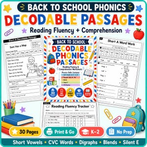 May include: A collection of educational worksheets titled Back to School Phonics Decodable Passages, featuring reading fluency and comprehension exercises for grades K-2, including word work, a reading tracker, and illustrations of a backpack and apple.