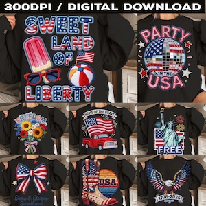 May include: A selection of black sweatshirts featuring American patriotic designs. Designs include "Sweet Land of Liberty" with a popsicle and sunglasses, a disco ball with "Party in the USA", and a red truck with a waving flag.