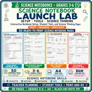May include: A digital educational resource titled Science Notebook Launch Lab for grades 3-6, featuring 30 printable black-and-white pages. It includes sections for a quick-start plan, scientist profiles, testable questions, and a science curiosity map.