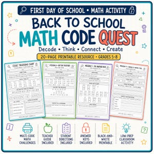 May include: A 20-page printable math activity resource titled Back to School Math Code Quest for grades 5-8. The image displays four worksheet samples with code keys, math problems, and instructions, alongside icons for teacher guides and answer keys.
