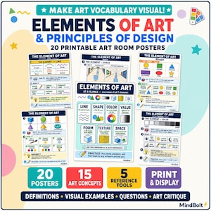 May include: A set of 20 printable art room posters titled Elements of Art & Principles of Design. The posters feature educational content including definitions, visual examples, and practice exercises for line, shape, color, value, form, texture, and space.