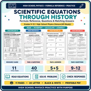 May include: A high school physics educational resource titled Scientific Equations Through History, featuring 11 printable pages with 40 questions, answers, and guides. The document includes black and white worksheets on geometry, motion, gravity, and orbits.