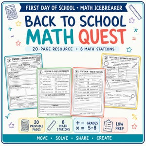 May include: A 20-page Back to School Math Quest resource for grades 5-8, featuring 8 math stations. The document includes four activity sheets titled Station 1 Number Identity, Station 2 Math Preferences, Station 3 Estimate and Check, and Station 4 This or That Math, with icons of calculators, rulers, and clipboards.