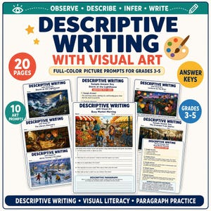 May include: A educational workbook titled Descriptive Writing with Visual Art featuring 20 pages of full-color picture prompts for grades 3-5. The cover displays multiple activity sheets with various illustrations, answer keys, and writing exercises.