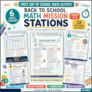 May include: A collection of educational math activity sheets titled Back to School Math Mission Stations for grades 5-8. The set includes a teacher quick start guide, station rotation plans, and specific mission cards for students to complete.