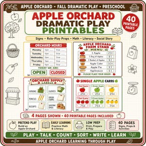 May include: A set of 40 printable pages for an Apple Orchard dramatic play preschool activity. Includes signs, role-play props, maths, and literacy materials. Features an orchard hours chart, a farm stand menu, supply labels, and single apple cards.
