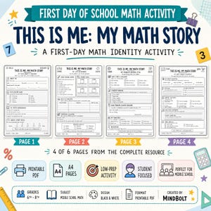 May include: A four-page printable maths activity titled This Is Me: My Math Story. The black and white worksheets include sections for student identity, problem-solving styles, and growth goals, designed for middle school maths classrooms.