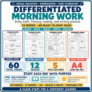 May include: A digital educational resource titled Differentiated Morning Work featuring 60 ready-to-print A4 pages for math, literacy, reading, and writing. The set includes 12 weeks of daily practice sheets with black and white worksheets.
