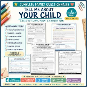 Könnte beinhalten: Ein vollständiger Familienfragebogen mit dem Titel Tell Me About Your Child, ein Formular für Eltern und Erziehungsberechtigte zum Schulanfang. Das Set enthält 8 druckbare Seiten in Farbe und Schwarz-Weiß zu Interessen und Zielen.