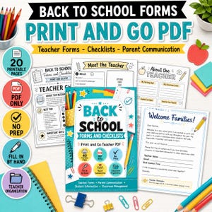 May include: A collection of printable back-to-school teacher forms and checklists in PDF format. The set includes pages titled Meet the Teacher, About the Teacher, and Welcome Families, featuring various icons, text fields, and colourful graphics.