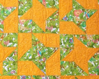 Baby Quilt Lions Giraffes Monkeys Bright Greens and Gold Crib and Lap QUilt