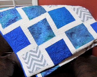 Blue and White Quilt Modern Quilt Minimalist Design Handmade Quilt Gift for Her Gift for Him