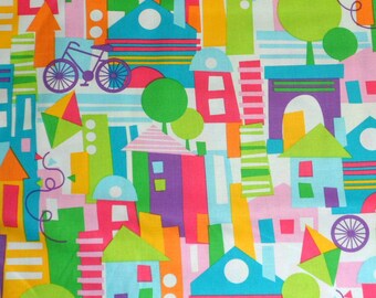 Modern City Fabric Pink Teal Houses Happy Town Material Fun Fabric Houses Sewing Supply Quilting Aupply