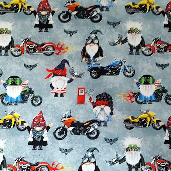 Motorcycle Fabric Gnomes with Motorcycles Fabric Timeless Treasures Material Craft Supply Quilting and Sewing Supply