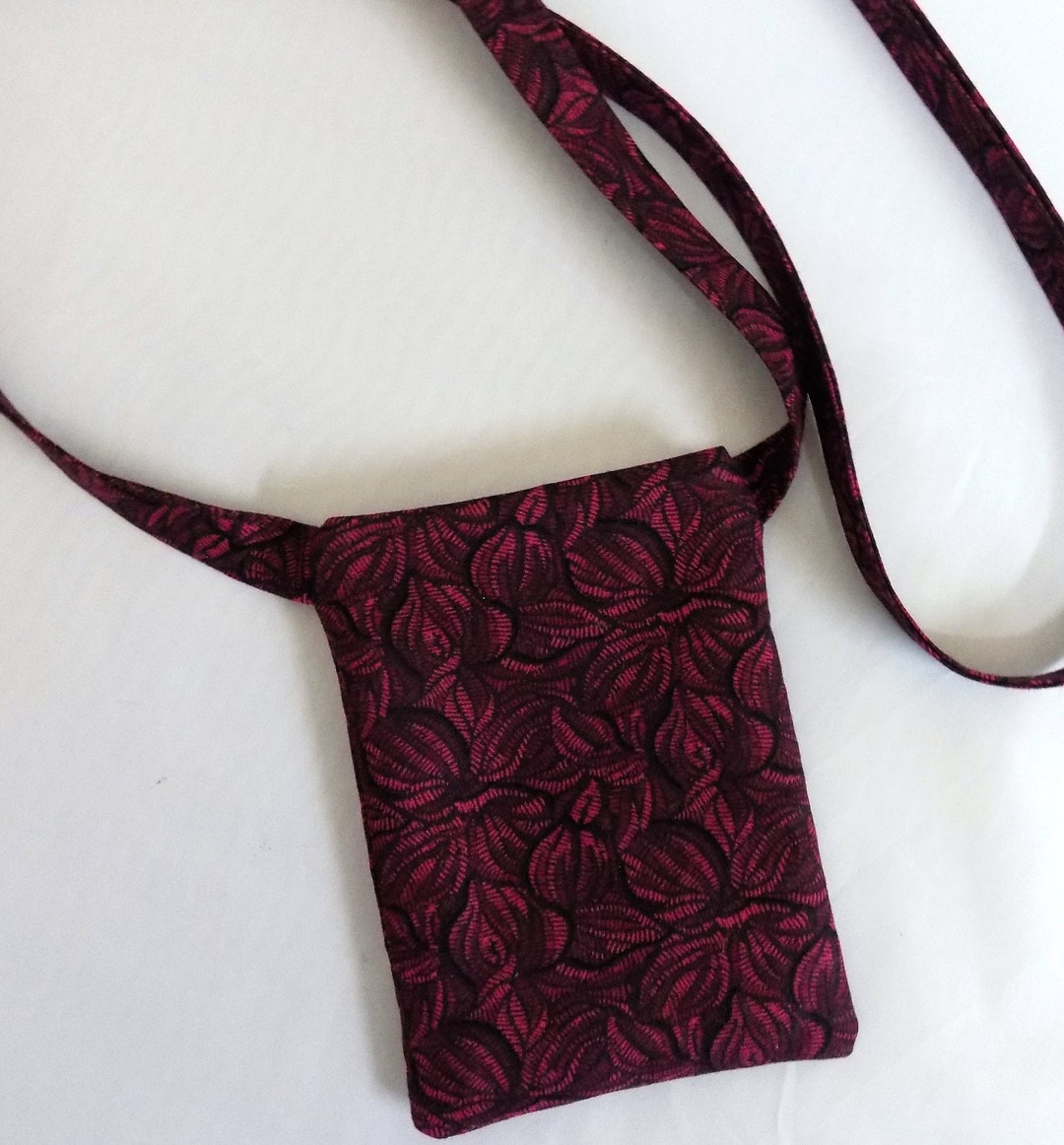 Flip Phone Pouch With Lanyard Neck Strap Red Maroon Fabric Soft Pouch