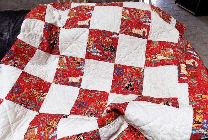 Patchwork Quilt Twin Size Red and White Quilt Southwest Print