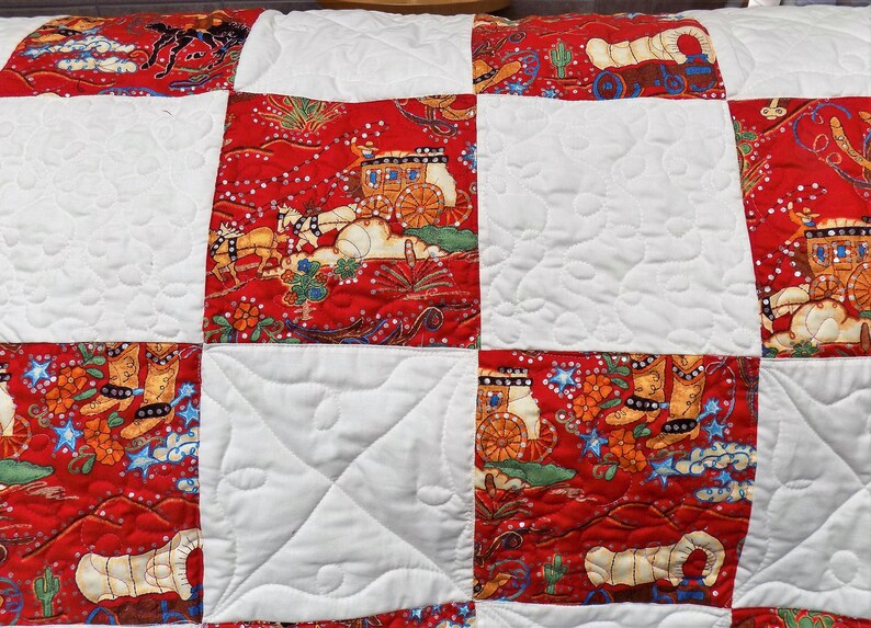 Patchwork Quilt Twin Size Red and White Quilt Southwest Print
