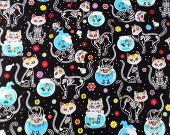 Cat Fabric Day of the Dead Material Cat Skeletons and Fishbowls from Timeless Treasures