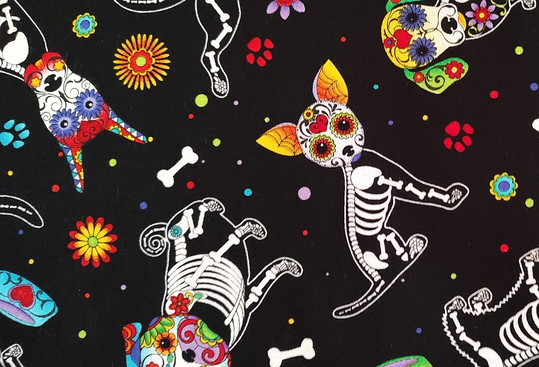 Day of the Dead Dog Fabric, Skeleton Dogs, Timeless Treasures - Etsy ...