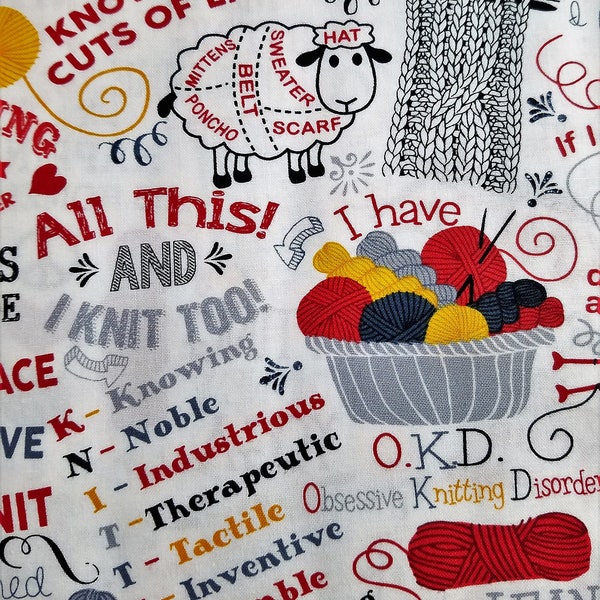 Knitters Fabric Yarn Knitting Words Knitting Needles Fabric Collage Fabric Cotton Material TImeless Treasures Sewing Fabric Quilting Fabric