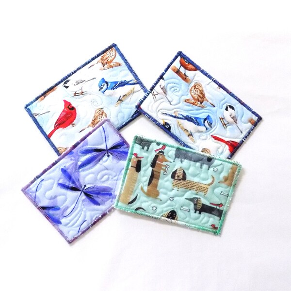 Quilted Fabric Postcards Dogs Birds Dragonflies