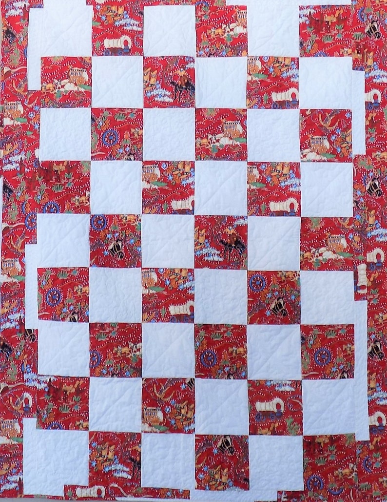 Patchwork Quilt Twin Size Red and White Quilt Southwest Print