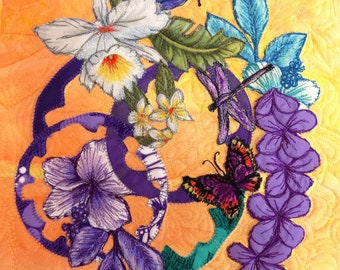 Flower Wall Hanging One of a Kind Wall Quilt Raw Edge Applique Quilt Flowers Butterfly Dragonflies