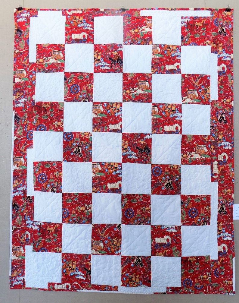 Patchwork Quilt Twin Size Red and White Quilt Southwest Print