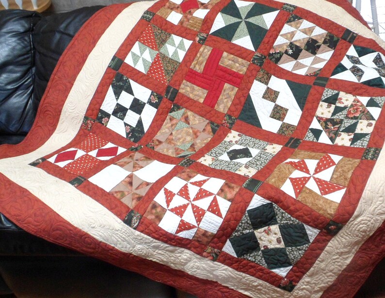 Handmade Quilt Rust Brown and Green Quilt