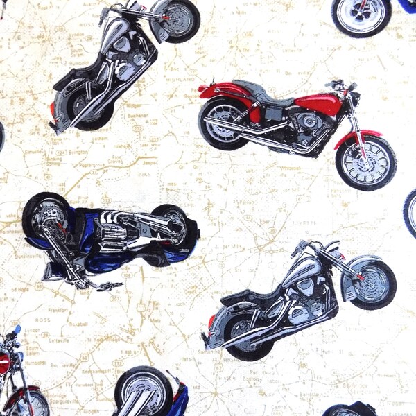 Motorcycle Fabric Motorcycles Tossed on a Tan Map Background Timeless Treasures