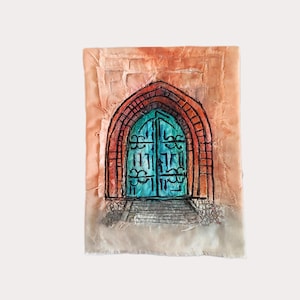 May include: An artistic rendering of a teal arched doorway with black ironwork, set within a brick-like frame. The artwork is on a textured, peach-colored background, creating a vintage aesthetic. The piece evokes a sense of history and architectural detail.