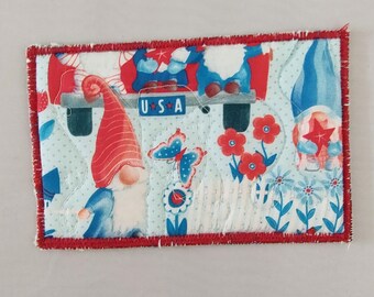 Handmade Postcards Quilted Fabric Card with Gnomes Celebrate USA