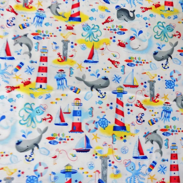 Timeless Treasures Nautical Fabric for Kids Lighthouses Whales and so much more
