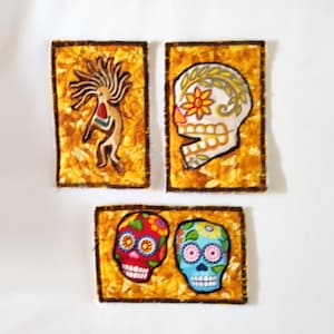 Cartes postales en tissu Cartes du sud-ouest Têtes de mort en sucre de Kokopelli avec appliqués faits main en tissu Cartes Choisissez votre carte