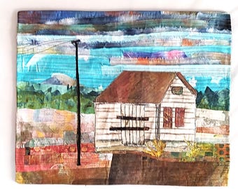 Mixed media Fiber Art-quilt: handgeschilderde landschapswanddecoratie stof