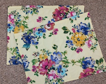 Handmade Placemats: Yellow Fabric with Multicolored Flowers Set of 2 Quilted Place Mats, Reversible