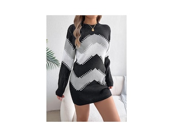 Chevron Knit Sweater Dress, Long Sleeve Zigzag Mini Dress