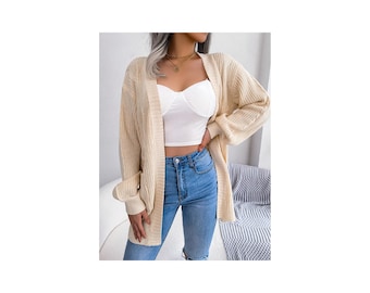 Beige kabelgebreid vest, gelaagde trui met open voorkant