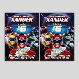Convite de Aniversário dos Power Rangers | Modelo de Convite Editável para Festa | Cartão de Aniversário dos Rangers para Imprimir