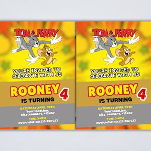 Convite de aniversário editável de Tom e Jerry | Convite digital para festa | Modelo de desenho animado para imprimir